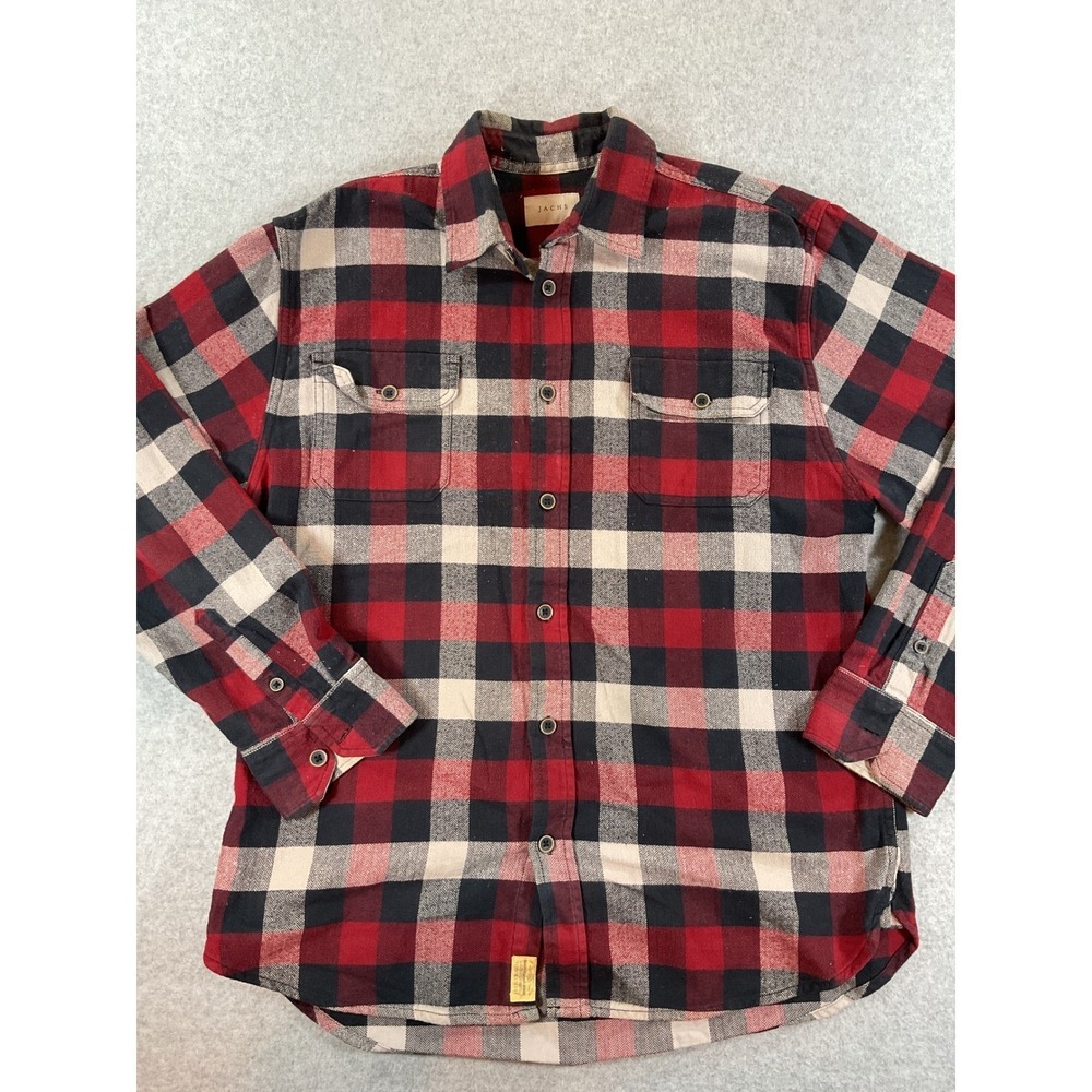 Jachs NY Men Flannel Shirt Large Red Black Buffalo Plaid Herringbone Button #735